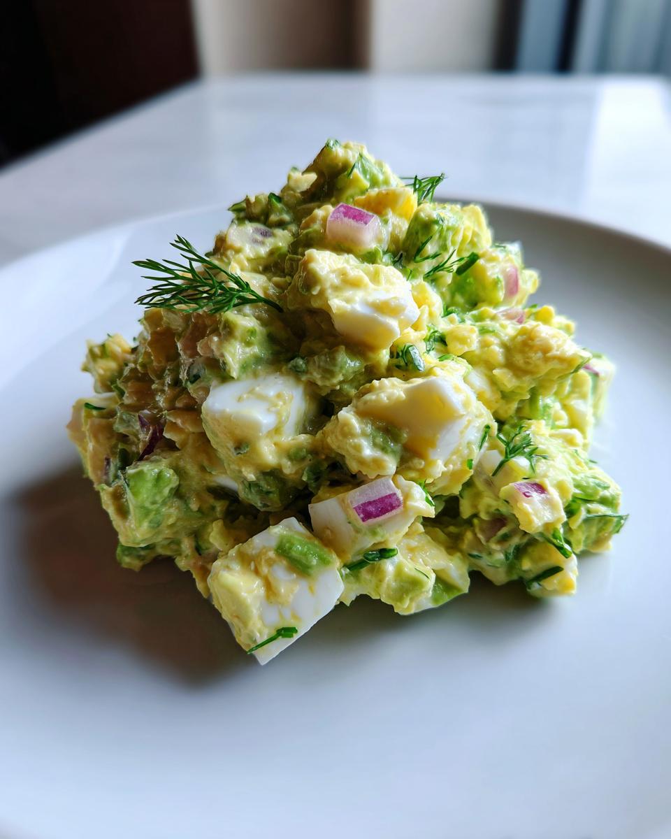 A serving of creamy avocado egg salad featuring chunks of hard-boiled egg and red onion, garnished with fresh dill.