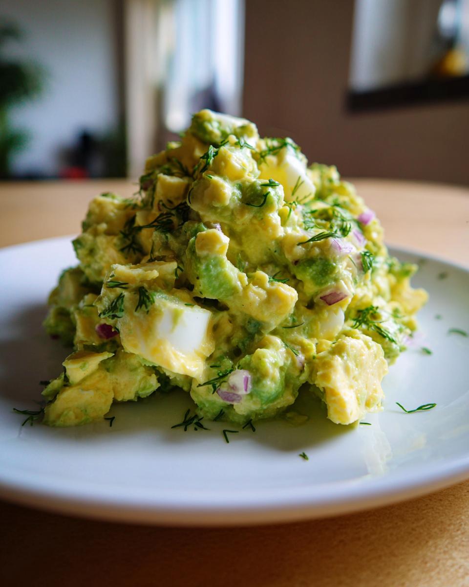 A mound of creamy avocado egg salad featuring chunks of egg and red onion, topped with fresh dill, served on a white plate.