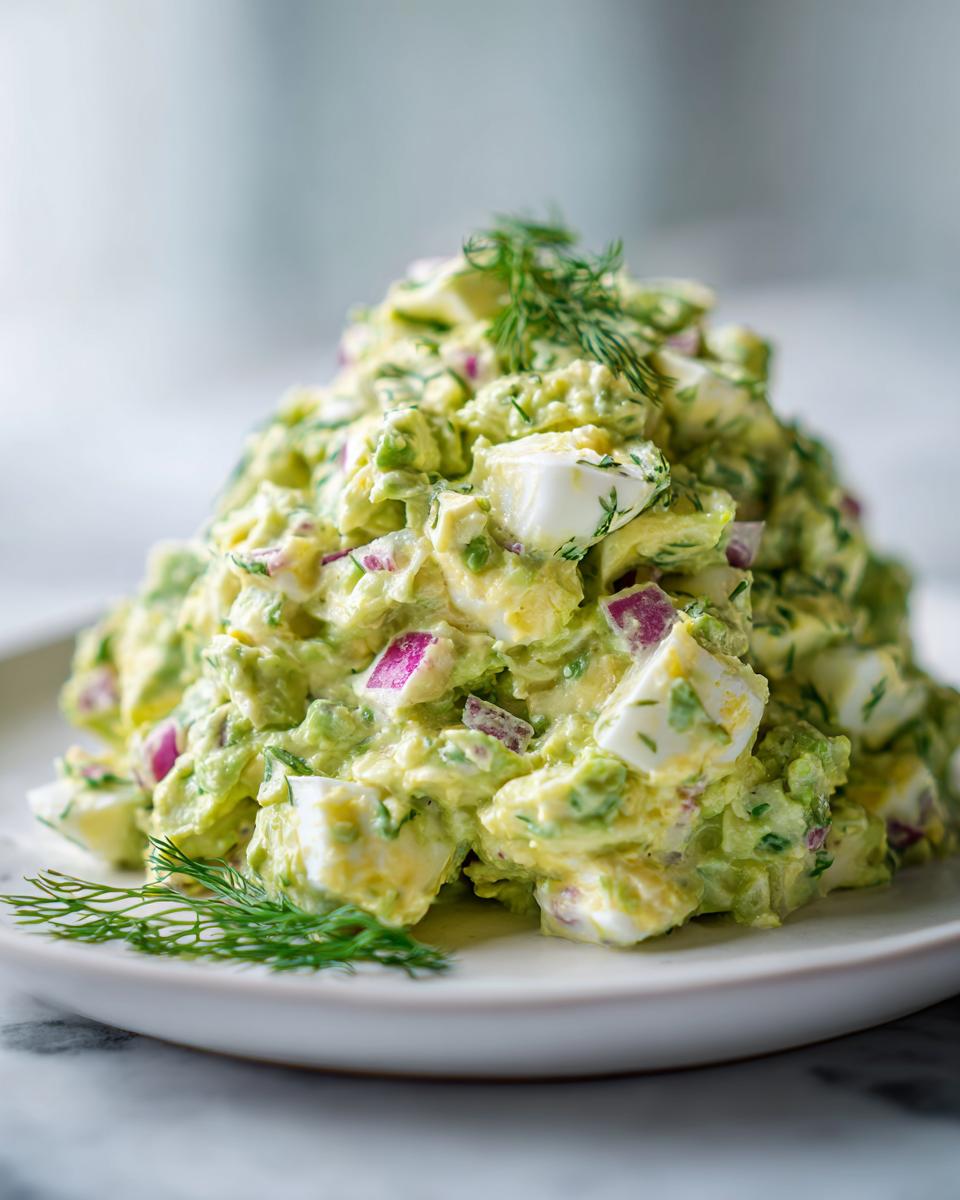 A vibrant mound of avocado egg salad featuring chunks of egg white, diced red onion, and fresh dill garnish.