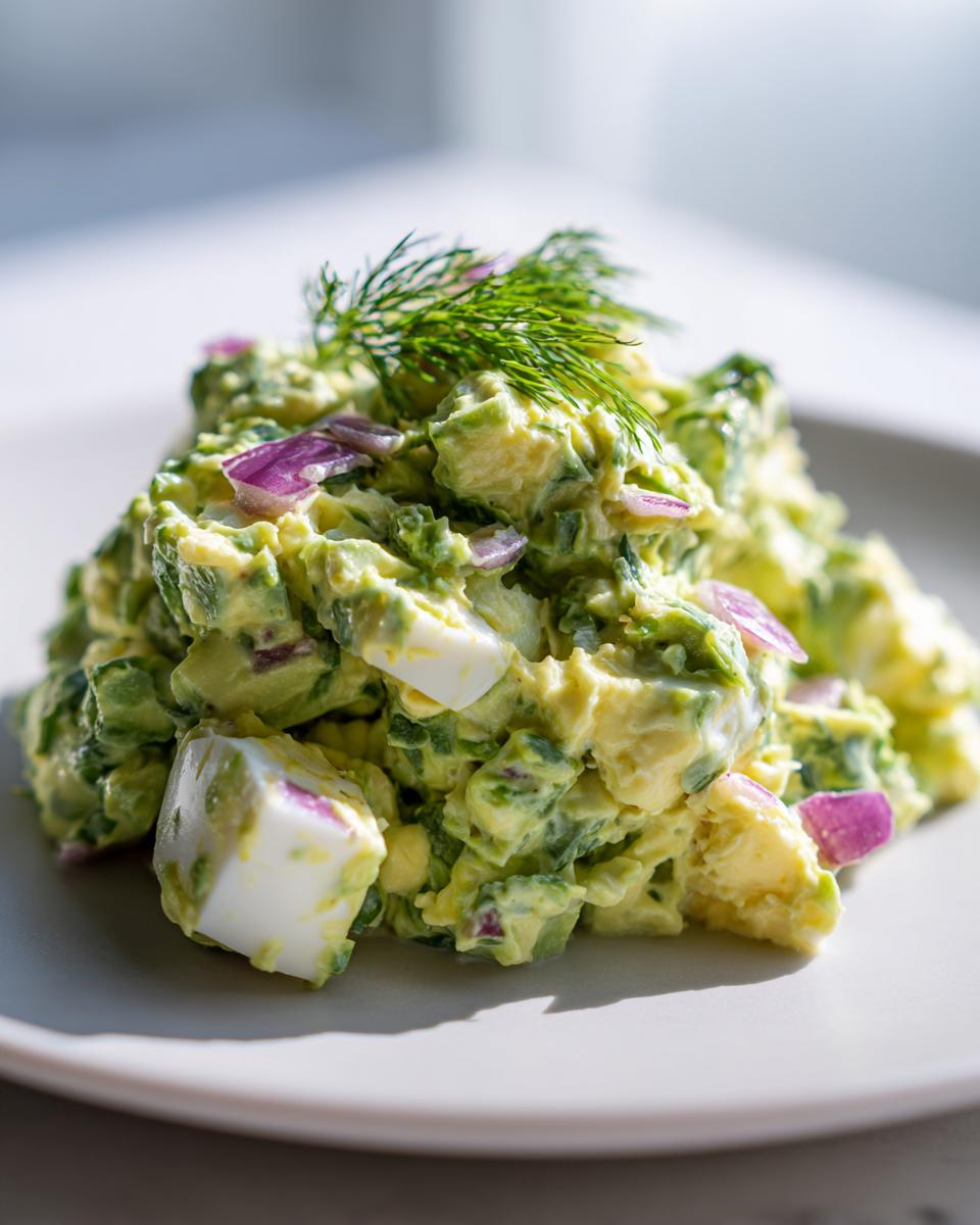 A mound of creamy avocado egg salad mixed with chunks of hard-boiled egg and red onion, garnished with fresh dill.