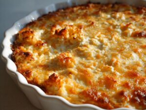 Close-up of a hot, baked crab dip with a golden, bubbly cheese topping in a white ruffled dish.