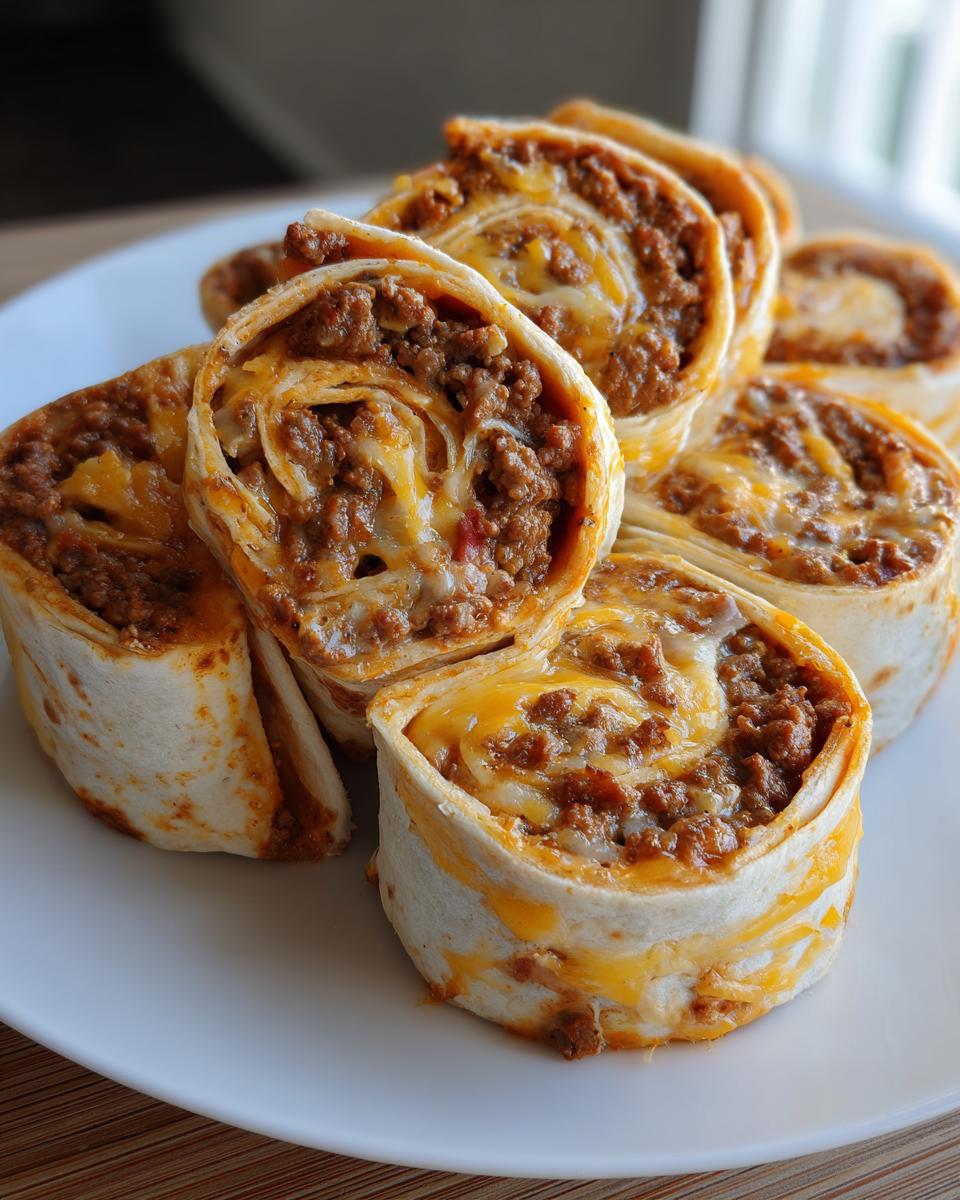 A close-up of several baked taco pinwheels filled with seasoned ground beef and melted cheddar cheese, served on a white plate.