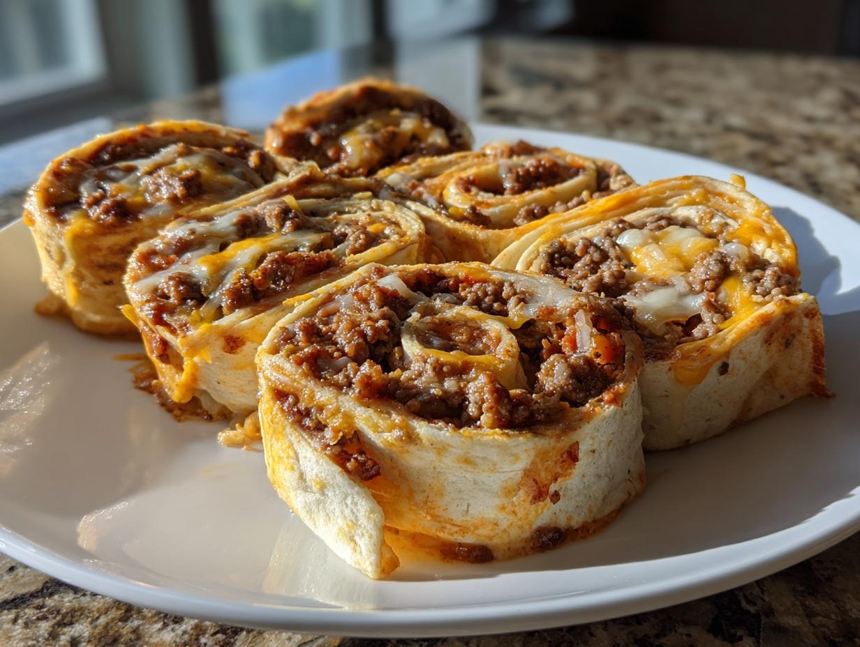 Five baked taco pinwheels filled with seasoned ground beef and melted cheese, served on a white plate.
