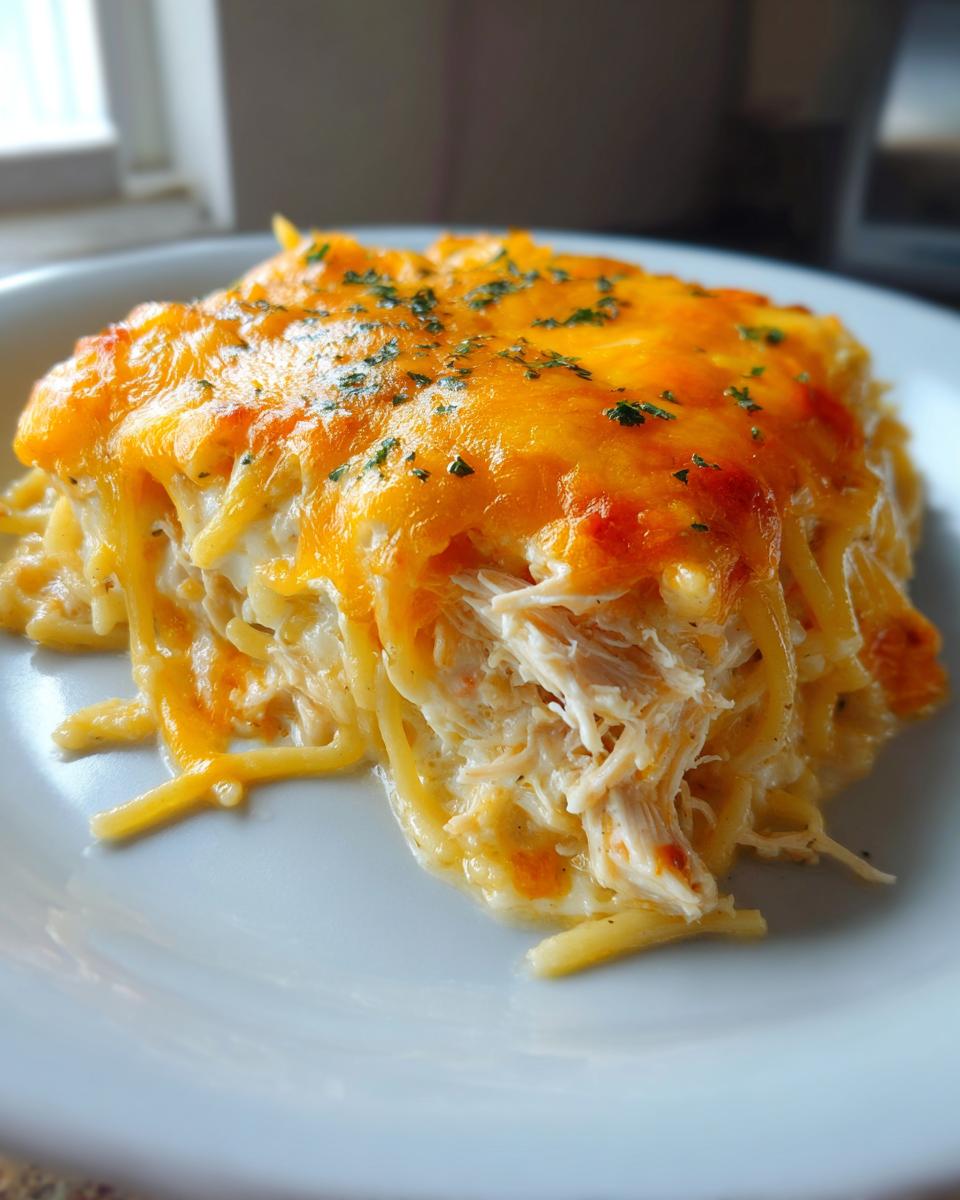 A close-up of a serving of creamy chicken spaghetti topped with melted orange cheddar cheese and parsley.