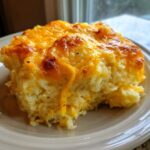 A close-up of a serving of cheesy, baked hashbrown casserole with a golden-brown crust.