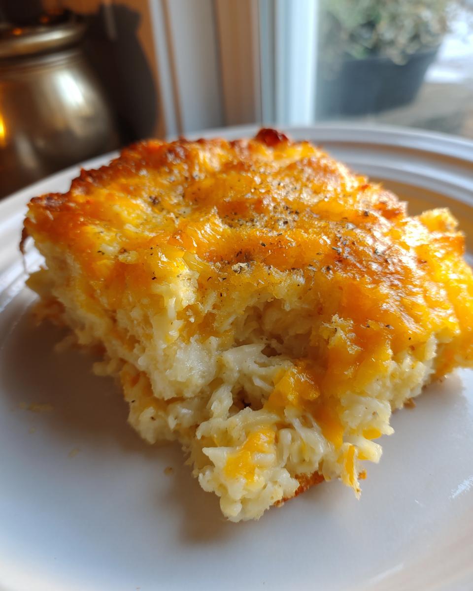 A close-up of a serving of cheesy hashbrown casserole with a golden-brown melted cheese topping.