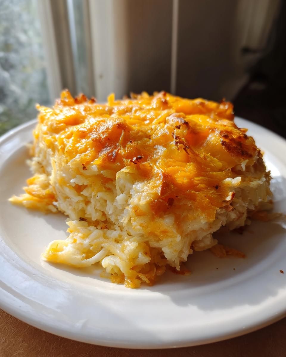 A square serving of cheesy hashbrown casserole with a golden-brown top, sitting on a white plate.