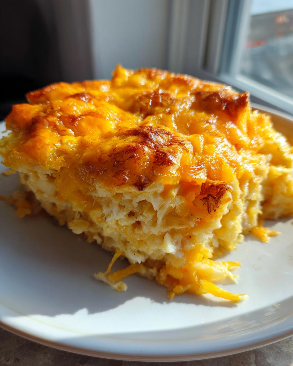 A close-up of a golden brown slice of cheesy hashbrown casserole on a white plate.