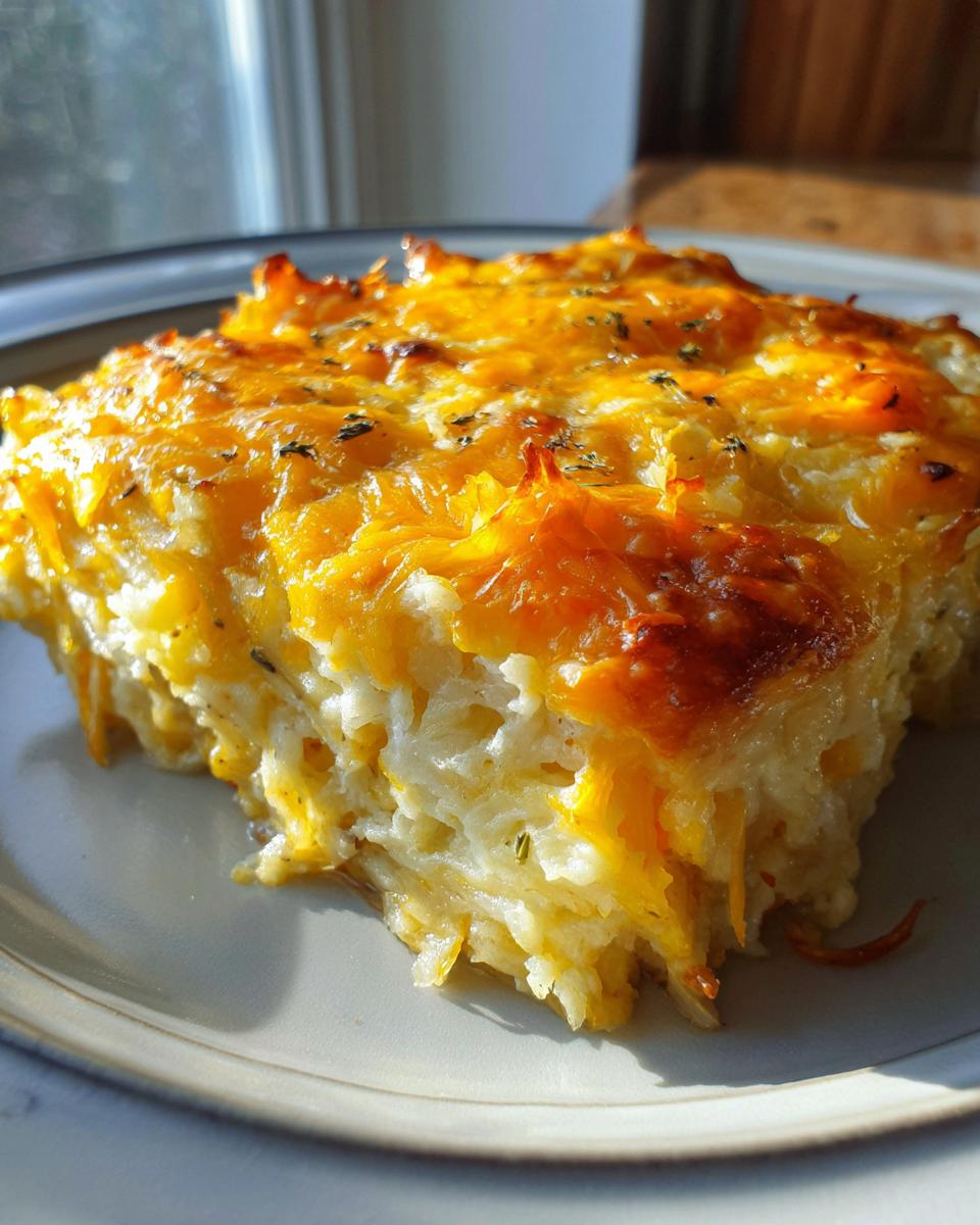 A close-up slice of cheesy hashbrown casserole with a golden-brown melted cheddar topping.