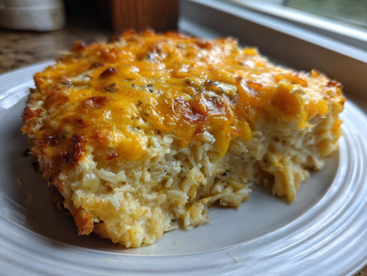 A thick slice of creamy hashbrown casserole topped with melted, golden-brown cheddar cheese.