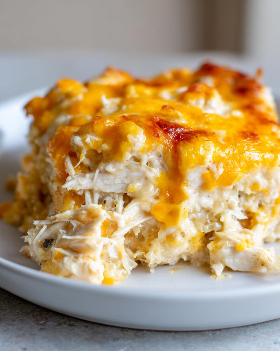 Close-up of a serving of creamy chicken spaghetti topped with melted, bubbly cheddar cheese.