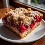 A square slice of rich cherry pie bars with a crumb topping and white glaze, sitting on a white plate.