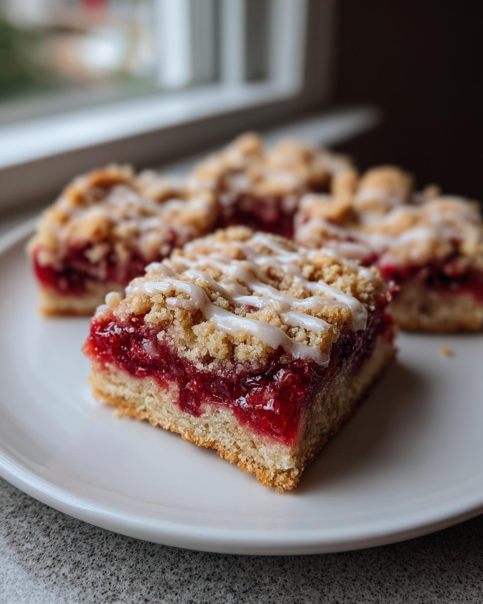 A square slice of cherry pie bars with a crumb topping and white icing drizzle on a white plate.