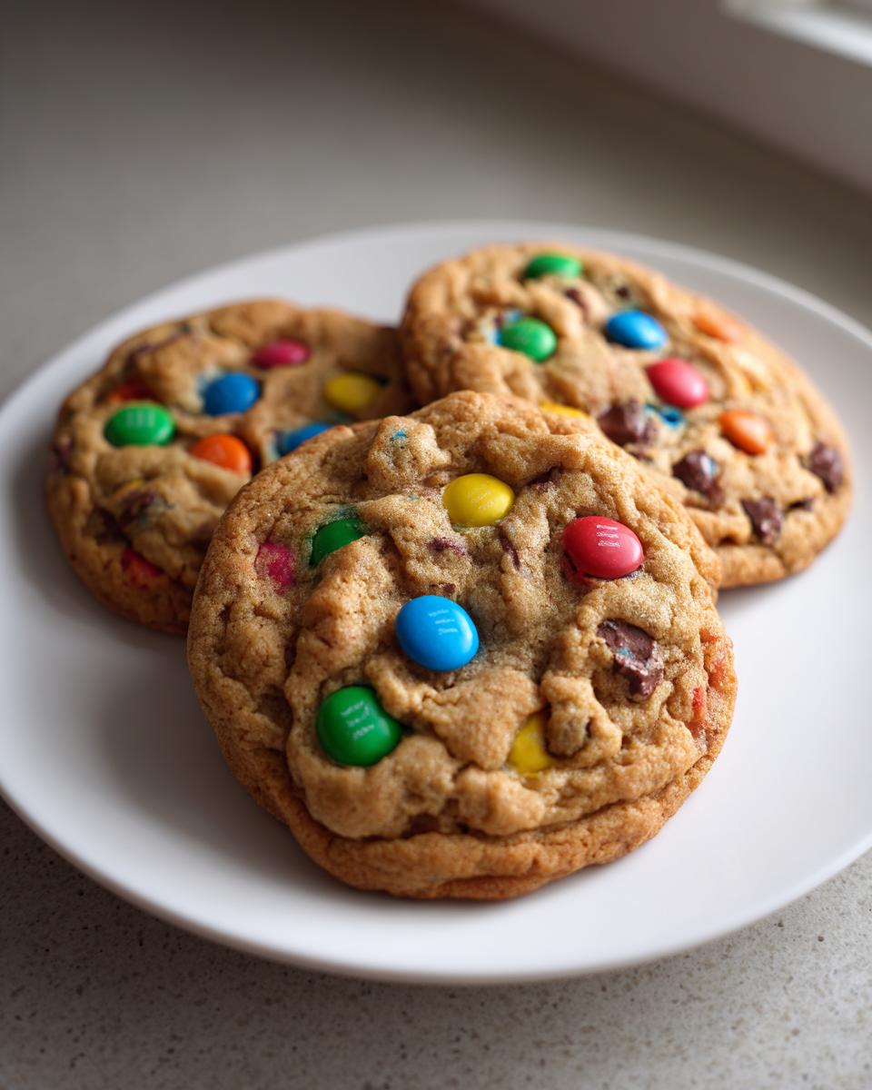 Three freshly baked, chewy m&m cookies with colorful candies piled on a white plate.