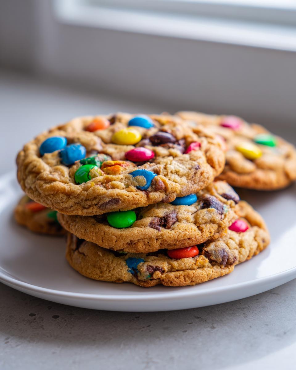 A stack of four freshly baked, chewy m&m cookies loaded with colorful candies on a white plate.