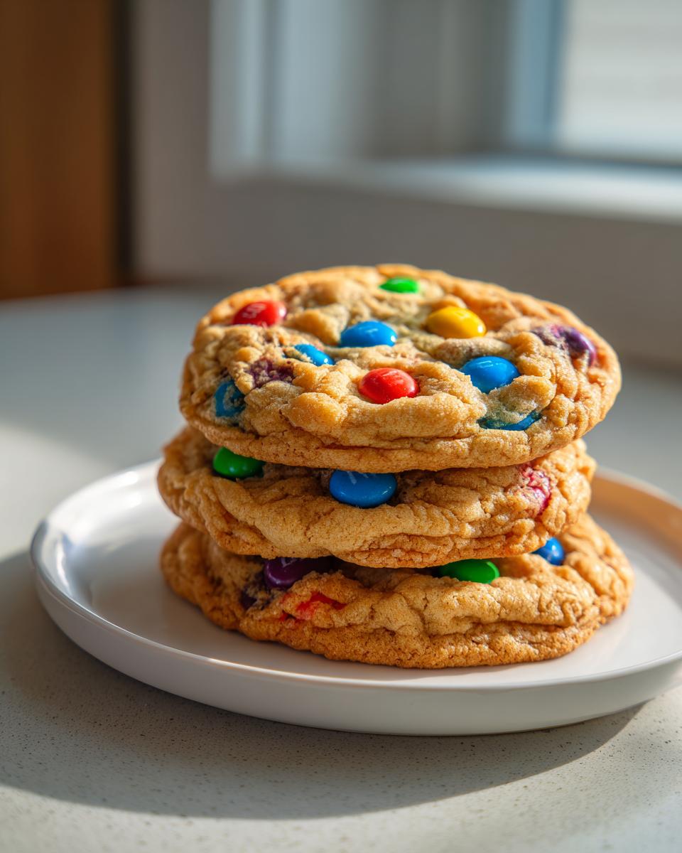 Three thick, chewy m&m cookies stacked on a white plate, brightly colored candies visible.