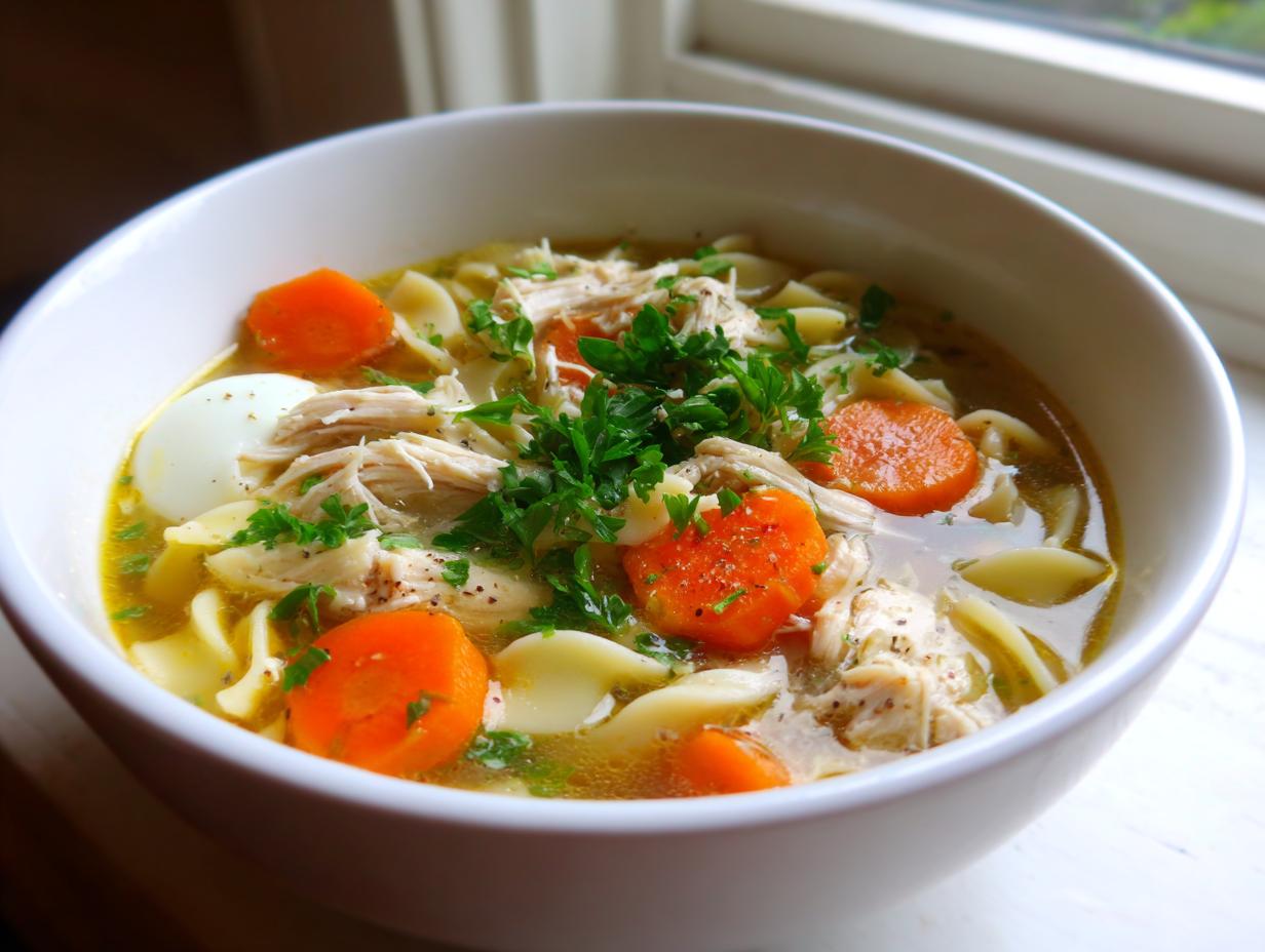 Close-up of a white bowl filled with homemade chicken noodle soup, featuring shredded chicken, egg slices, carrots, and parsley.