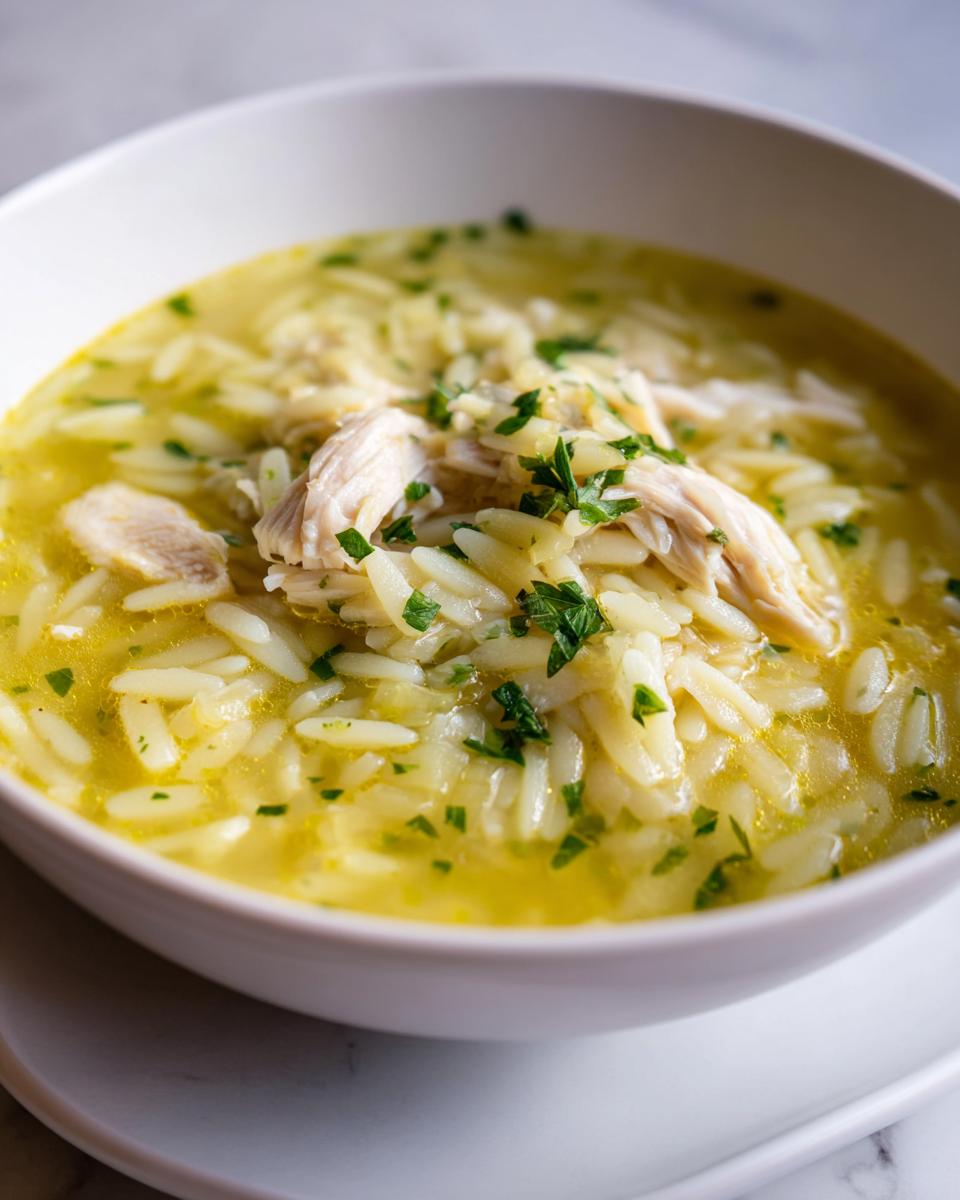 Close-up of a white bowl filled with rich, yellow chicken orzo soup, topped with shredded chicken and fresh parsley.