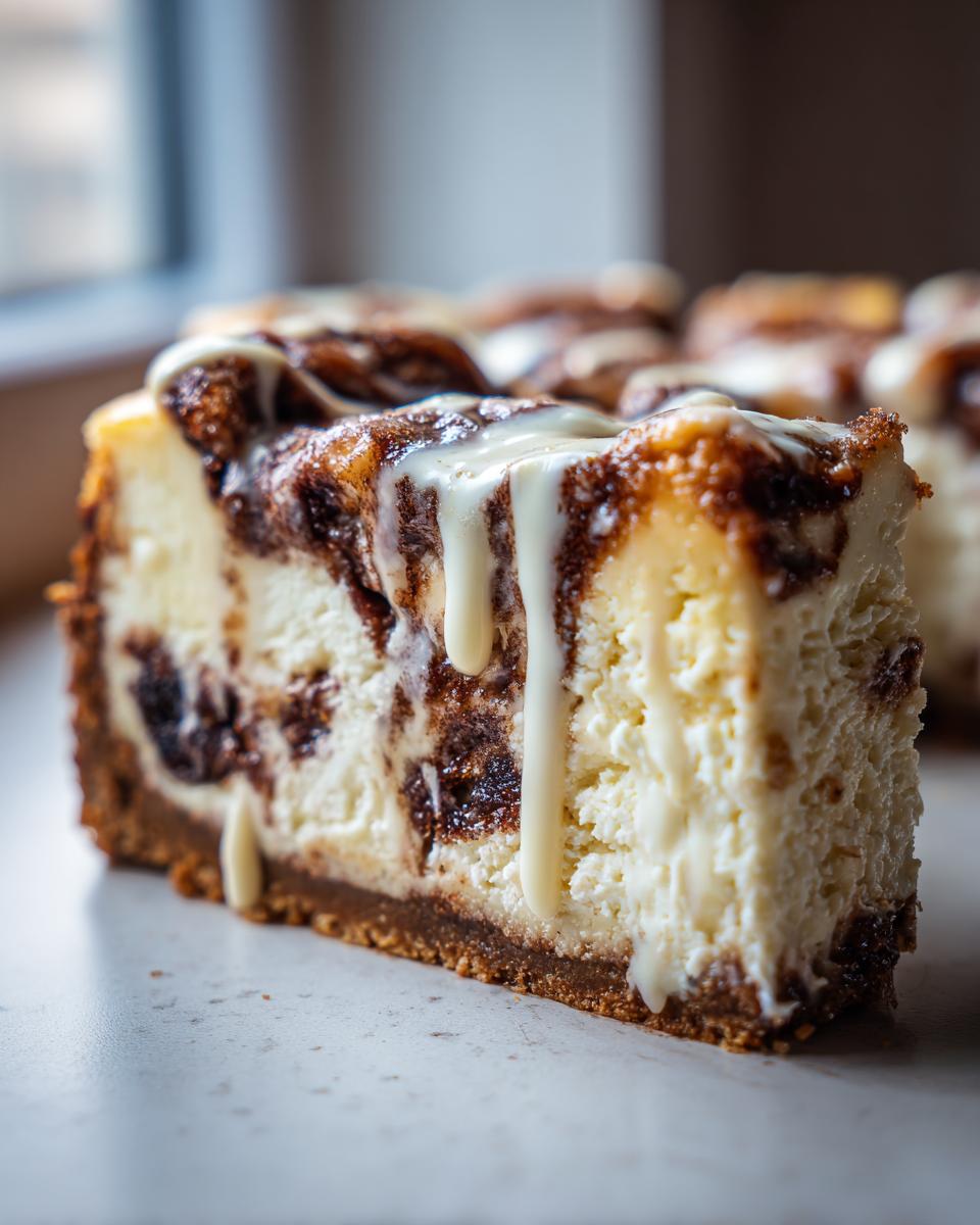 Close-up of a rich slice of cinnamon roll cheesecake swirled with brown filling and topped with white icing drizzle.