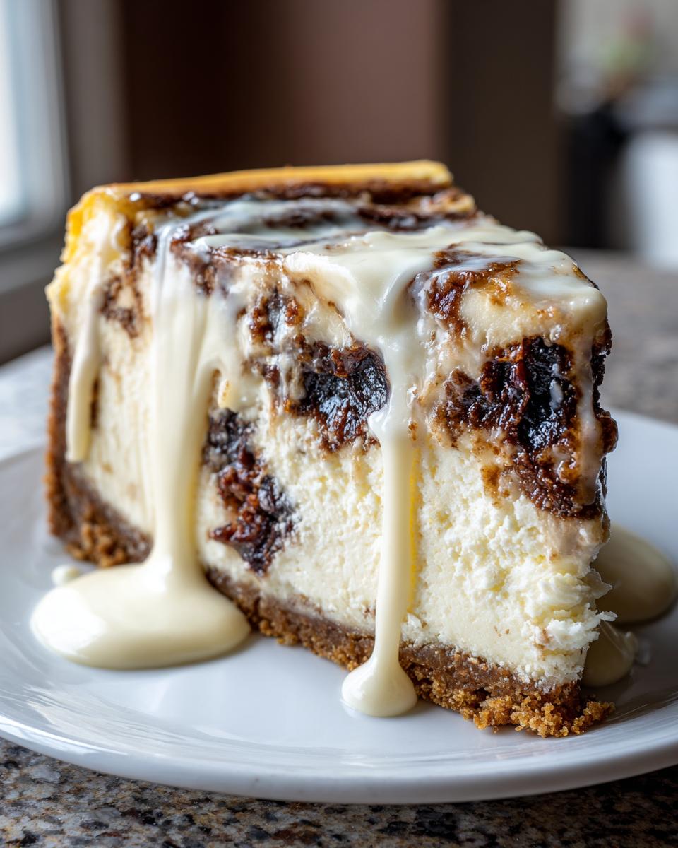 A decadent slice of cinnamon roll cheesecake with swirls of dark filling and dripping cream cheese glaze.