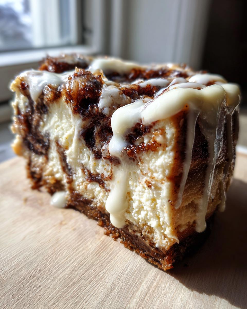 A close-up of a rich slice of cinnamon roll cheesecake with a creamy white icing drizzle.