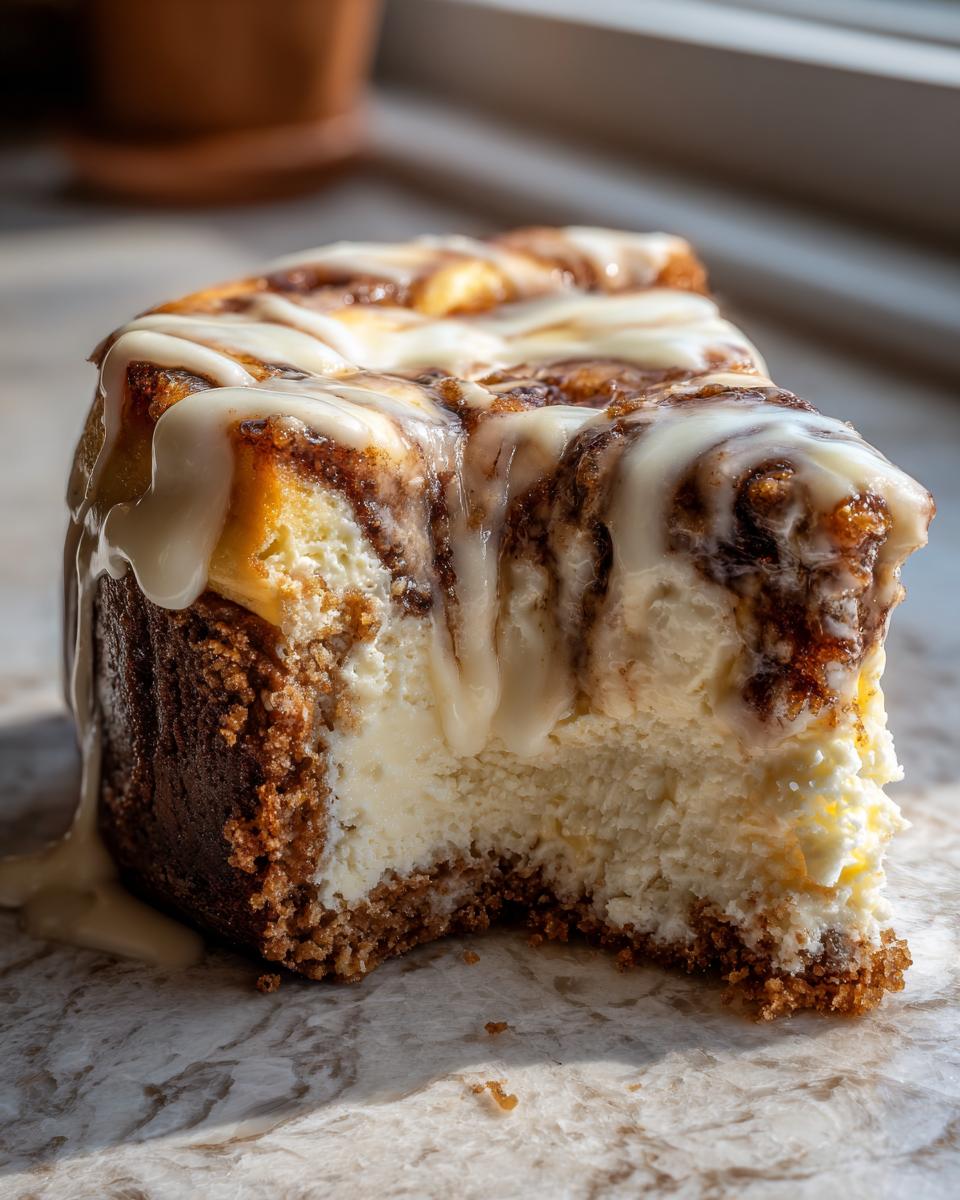 Close-up of a rich slice of cinnamon roll cheesecake with a thick, creamy center and sweet white icing dripping down.