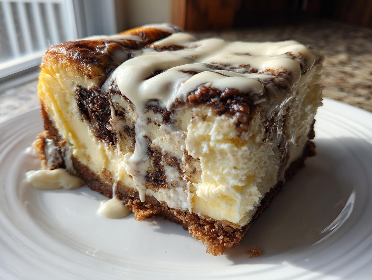 A thick slice of cinnamon roll cheesecake with a marbled cinnamon swirl and white cream cheese icing drizzled on top.