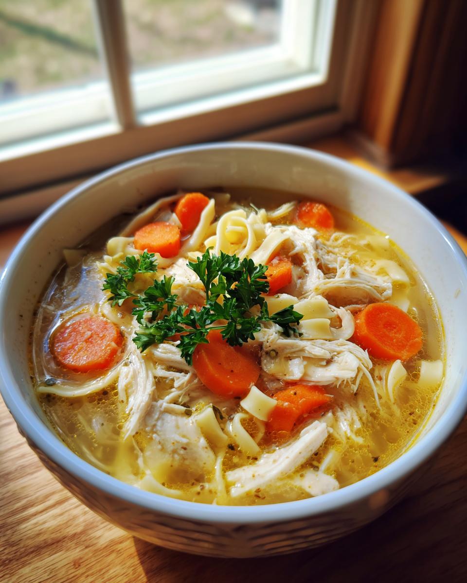 A close-up of a comforting bowl of chicken noodle soup filled with shredded chicken, egg noodles, and bright orange carrots, garnished with parsley.
