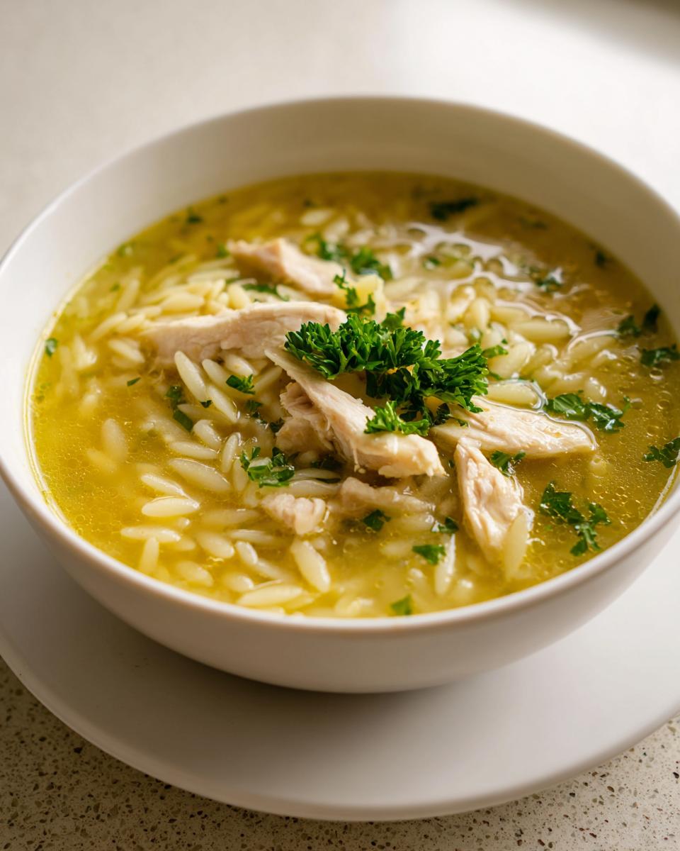 Close-up of a white bowl filled with golden chicken orzo soup, topped with shredded chicken and fresh parsley.