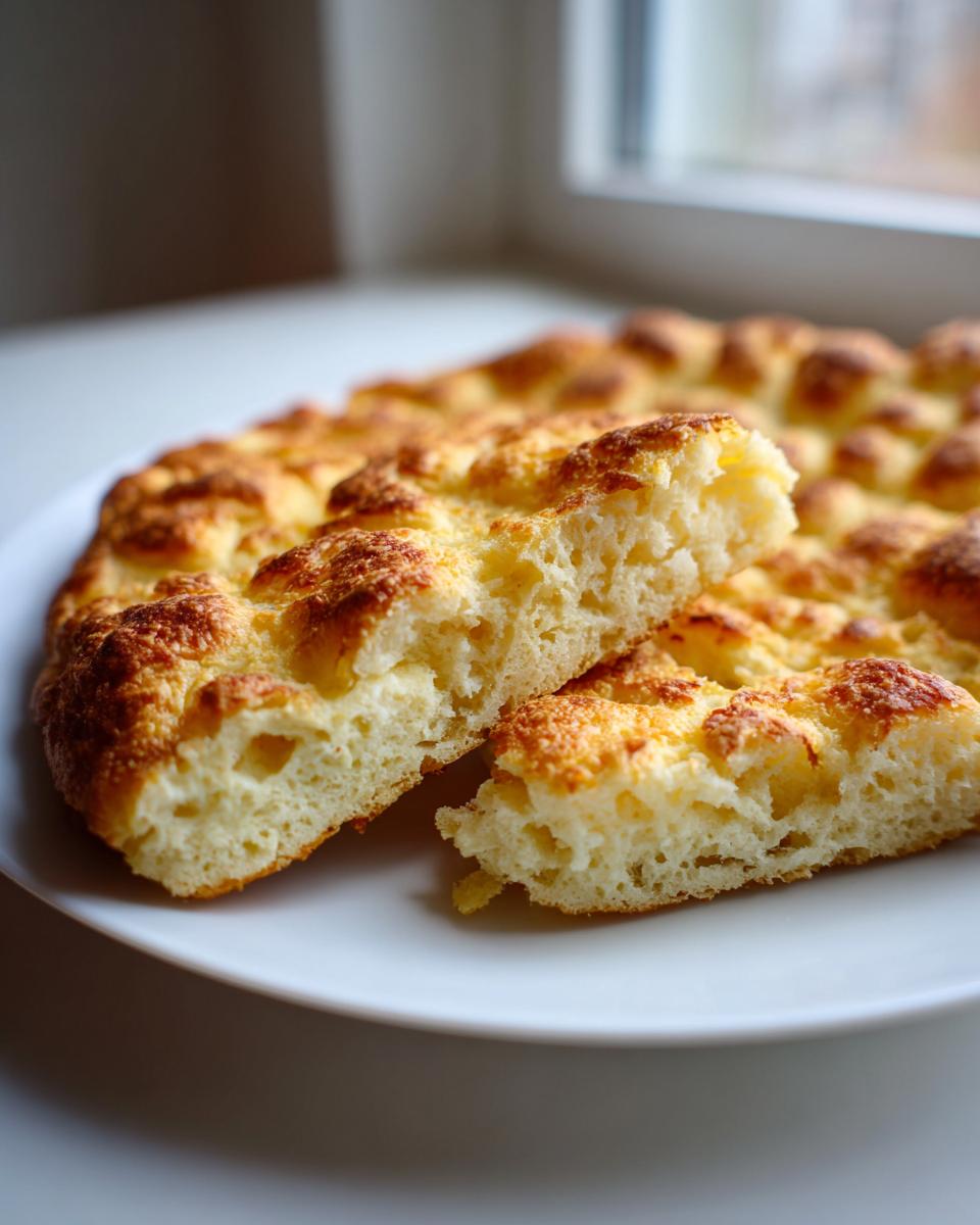 Close-up of a baked cottage cheese bread, showing a soft, airy interior texture and golden, cheesy top.