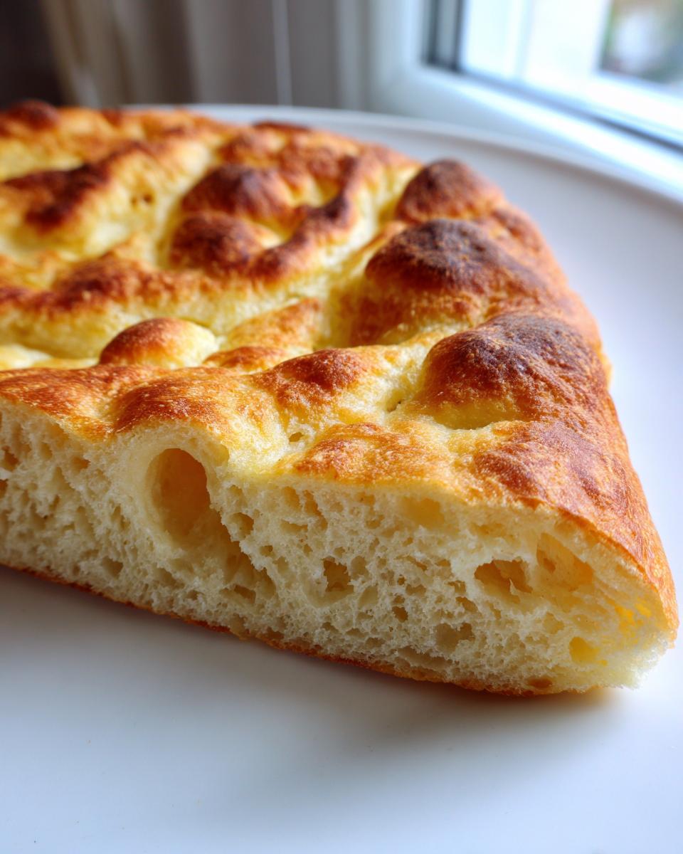 A close-up cross-section view of a slice of golden brown cottage cheese bread showing its airy, soft interior texture.