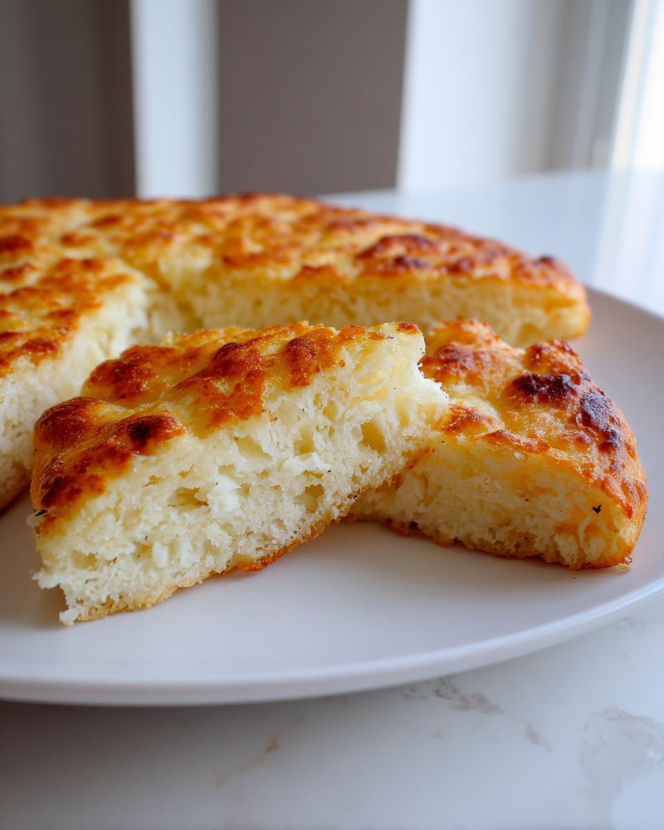 Close-up of two slices of golden-brown cottage cheese bread showing the fluffy interior texture.