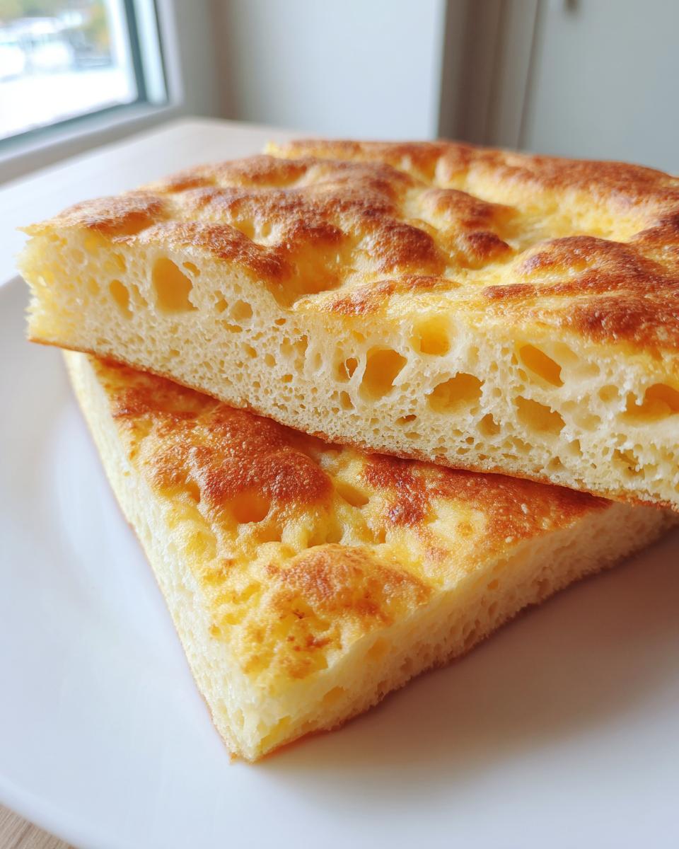 Two stacked slices of golden brown cottage cheese bread showing the airy, porous interior texture.