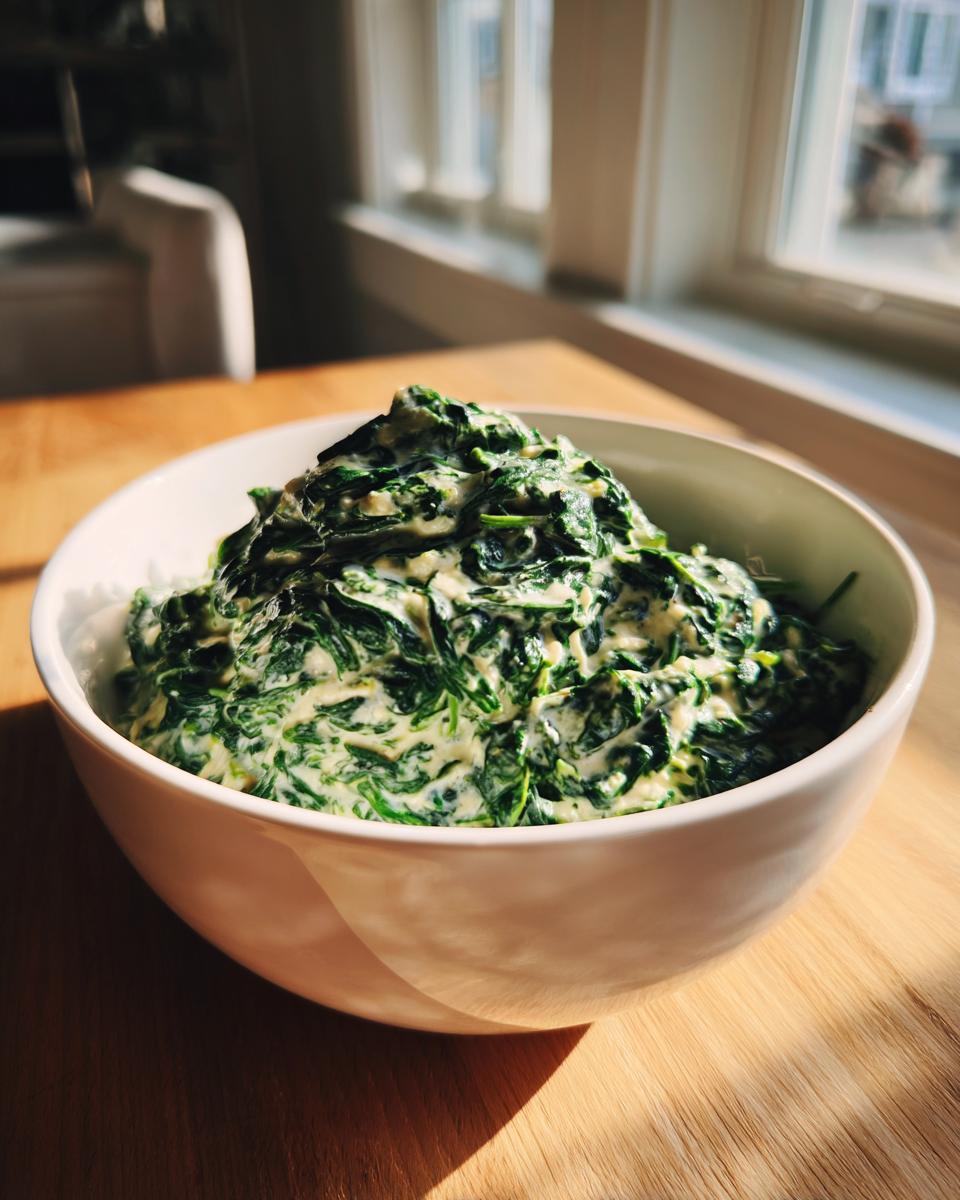 A white bowl filled high with rich, homemade creamed spinach sitting on a sunlit wooden table.