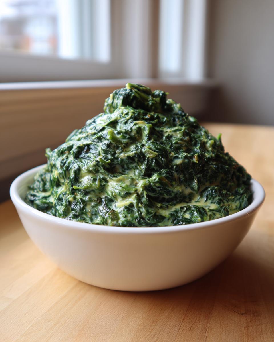 A generous mound of rich, homemade creamed spinach served in a white bowl on a wooden surface.
