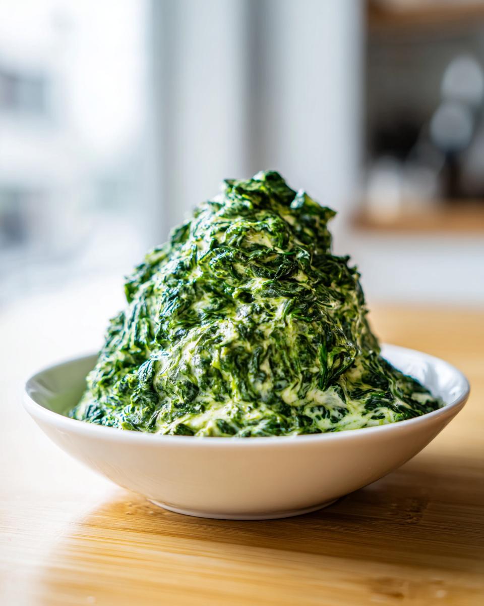 A generous, mounded serving of rich, green creamed spinach in a small white bowl on a wooden surface.