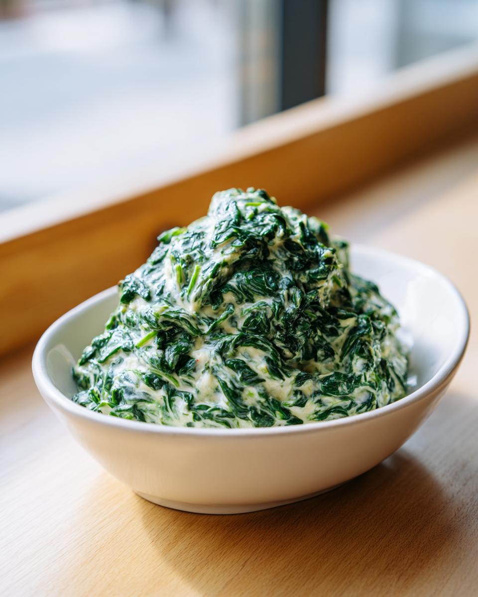 A white bowl filled with rich, homemade creamed spinach, sitting on a wooden surface near a window.