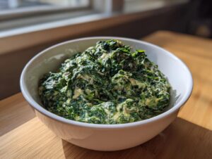 A white bowl filled with rich, homemade creamed spinach, sitting on a wooden surface near a window.