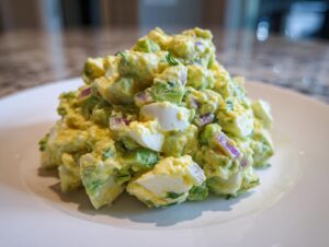 A mound of creamy avocado egg salad featuring chunks of hard-boiled egg and red onion served on a white plate.