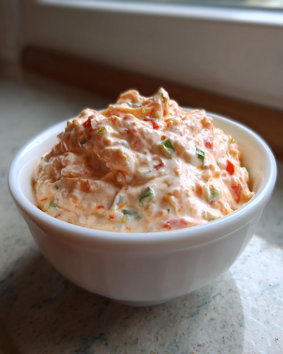 Close-up of creamy, orange-hued boat dip loaded with visible red and green pepper chunks in a white bowl.