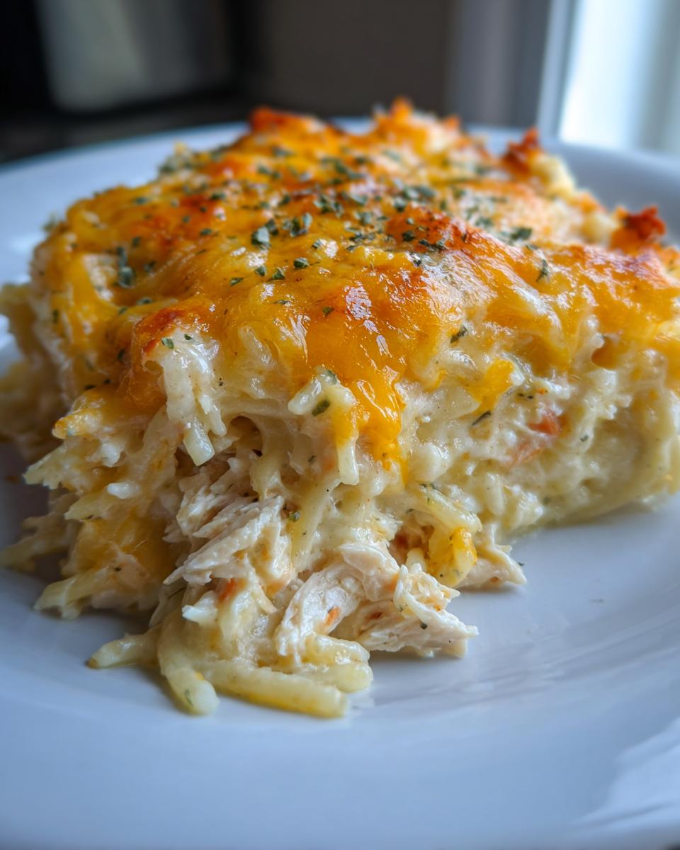 A close-up serving of creamy chicken spaghetti casserole topped with melted cheddar cheese and herbs.