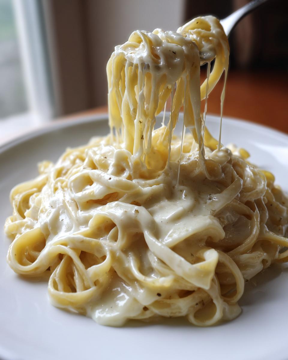Close-up of fettuccine pasta coated in rich, creamy olive garden alfredo sauce being lifted by a fork.