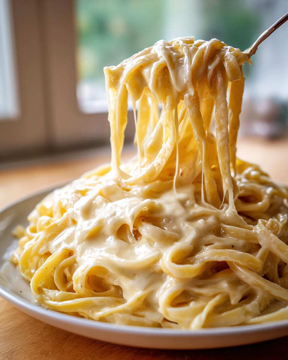 A fork lifts dripping, creamy fettuccine coated in rich olive garden alfredo sauce from a white plate.