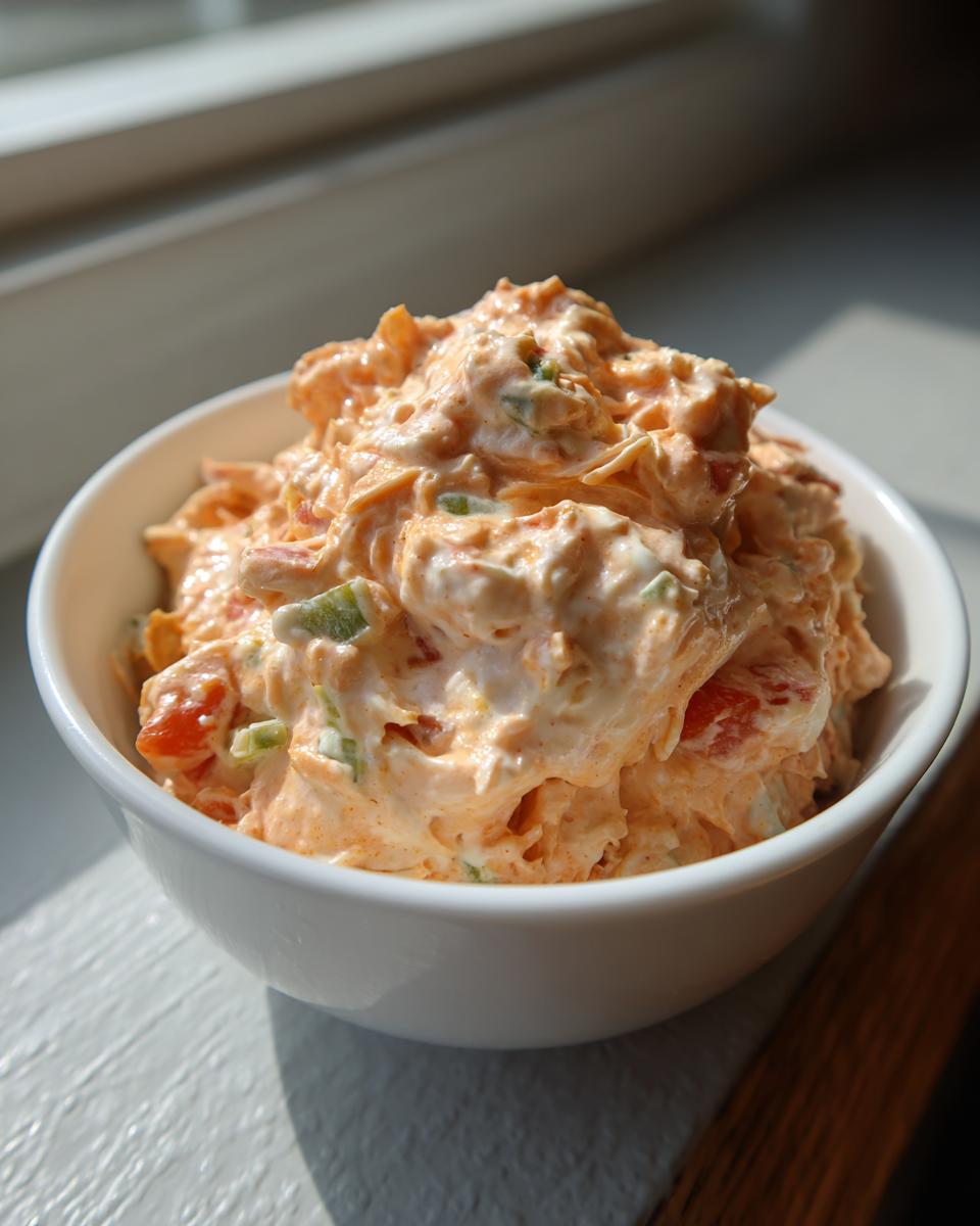 A close-up of creamy, orange-colored boat dip mixed with diced red and green peppers in a small white bowl.
