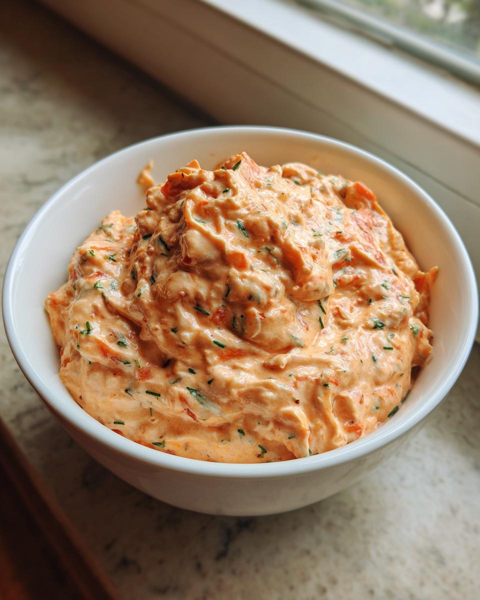 Close-up of creamy, orange-colored boat dip mixed with herbs and small red pieces, served in a white bowl.