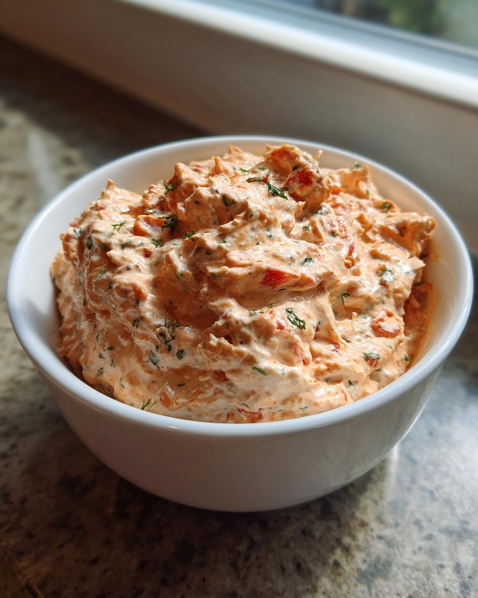 Close-up of creamy, orange-colored boat dip mixed with herbs and small red pieces in a white bowl.