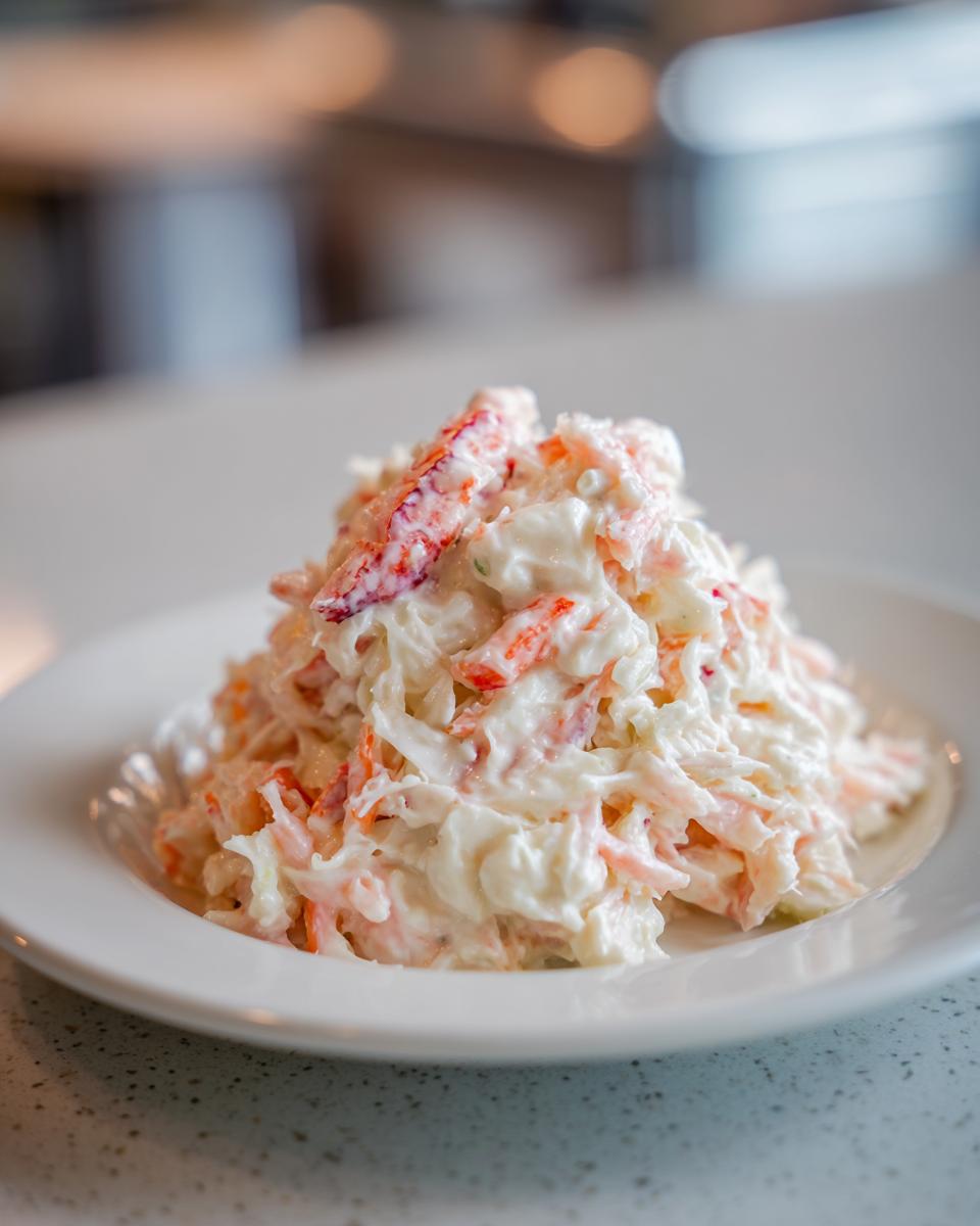 A mound of creamy seafood salad, featuring shredded ingredients and visible pieces of pink/red seafood, served on a white plate.