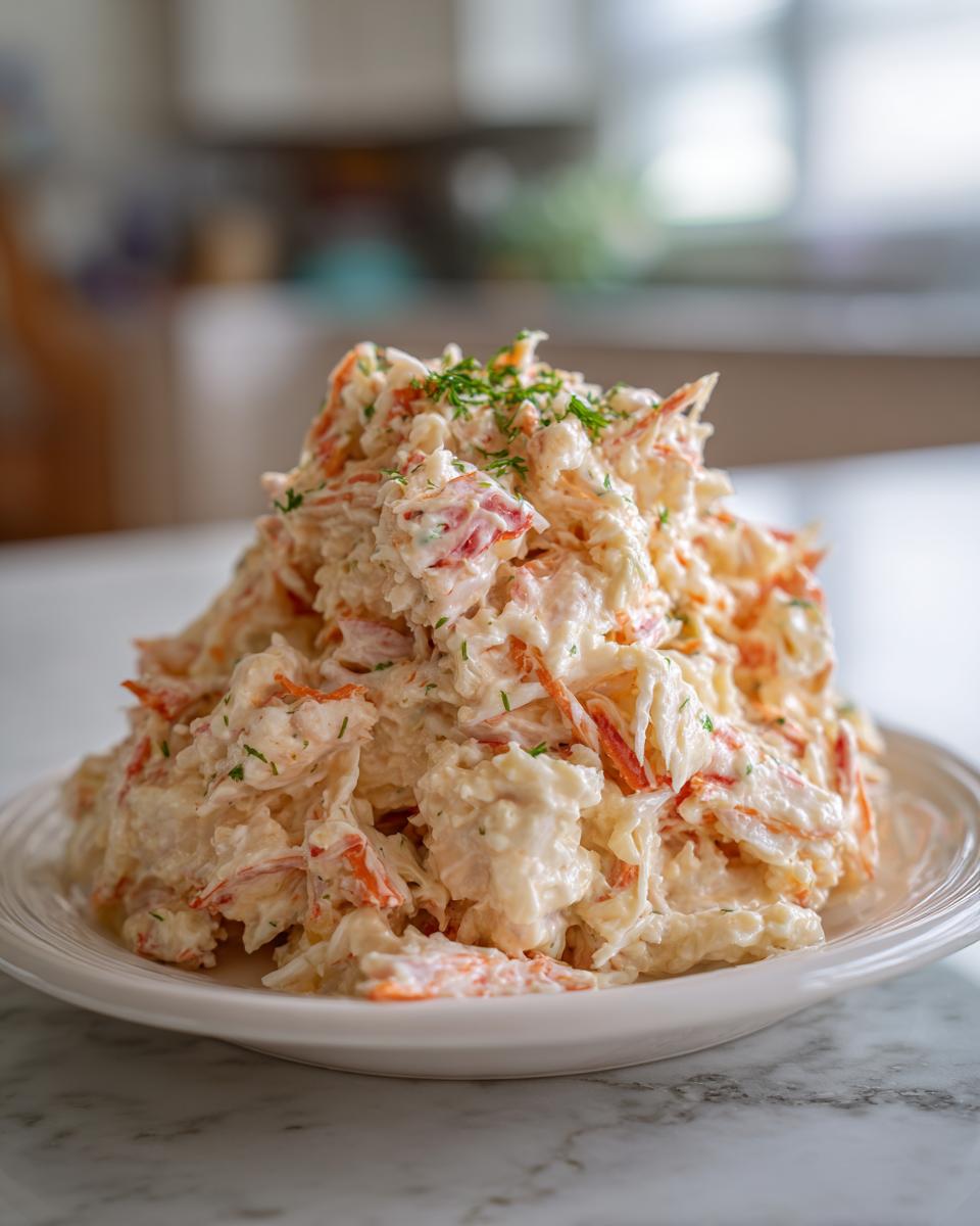 A generous mound of creamy seafood salad, featuring shredded imitation crab, served on a white plate.