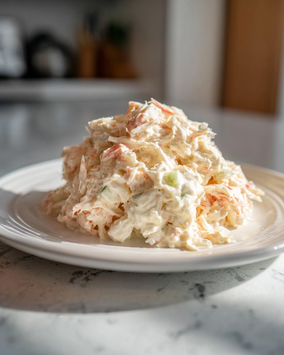 A generous mound of creamy seafood salad, featuring shredded imitation crab and celery, served on a white plate.