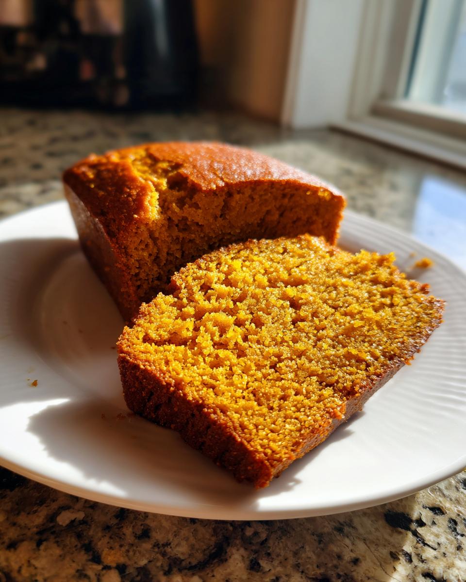 A close-up of a moist slice of easy pumpkin bread next to the remaining loaf, bathed in bright sunlight.